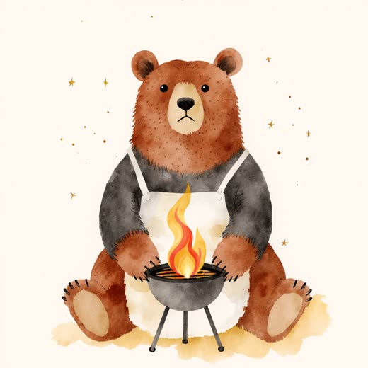 Aquarell: ein gemütlicher Bär mit Grillschürze und kleiner Flamme