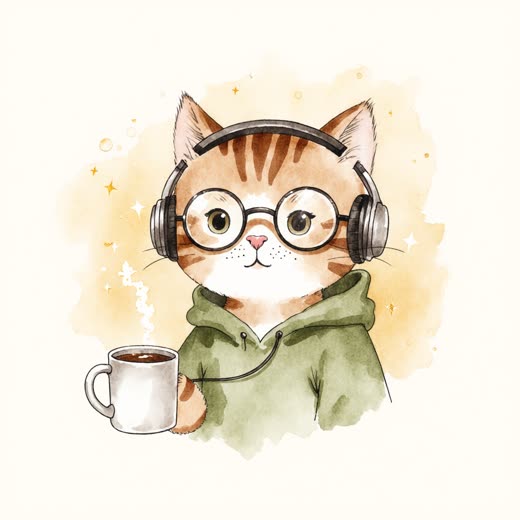 Aquarell: eine Katze mit runder Brille, Kopfhörern und Kaffeetasse