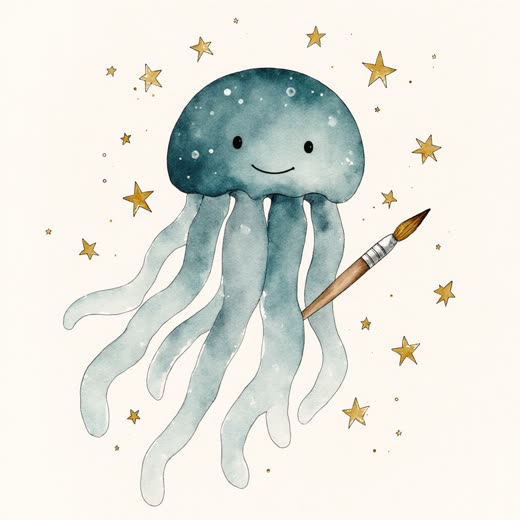 Aquarell: eine verträumte Qualle zwischen Sternen mit einem Pinsel
